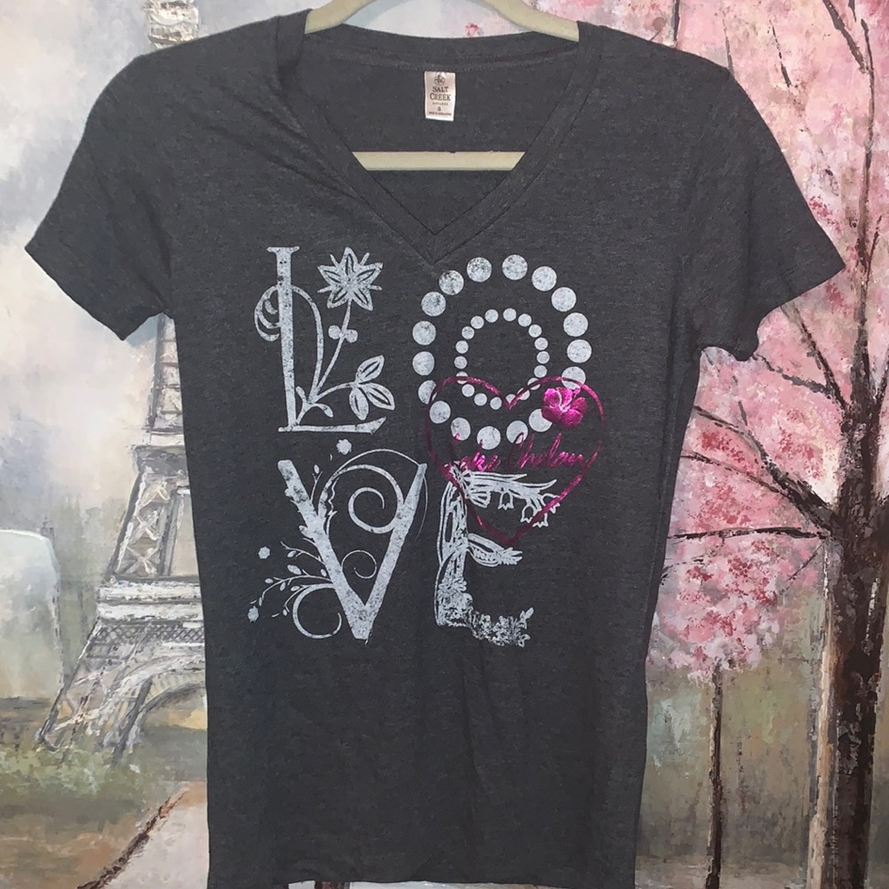 Salt Creek Charcoal Gray V-neck “LOVE” Short Sleeve T-Shirt sz Small EUC